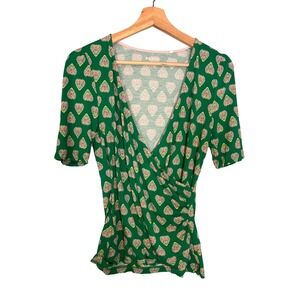 Boden Green Heart Paisley Wrap Top Short Sleeve V-Neck Jersey Blouse US 6